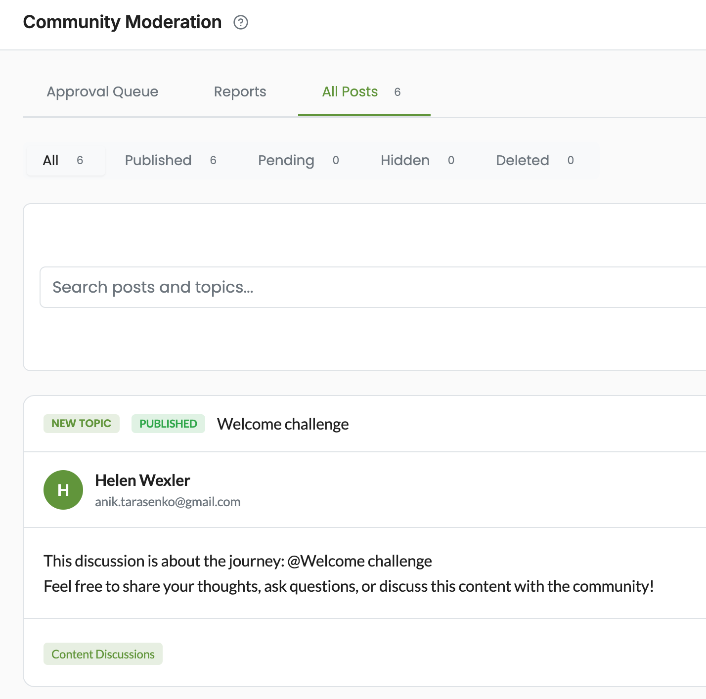 Community moderation queue showing reported content and admin review actions