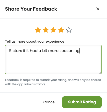 Share Your Feedback modal with star rating, text feedback, and Submit Rating button