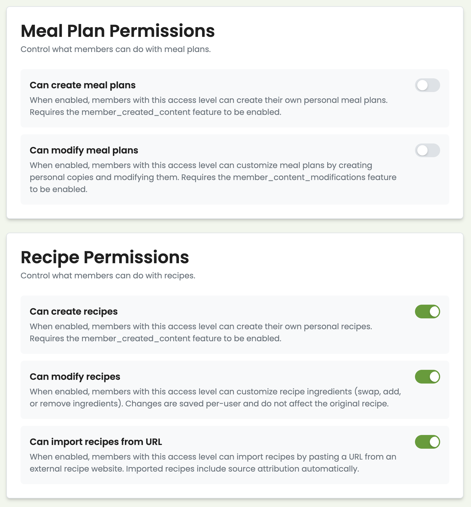 Access level permissions showing meal plan and recipe capabilities with toggle controls