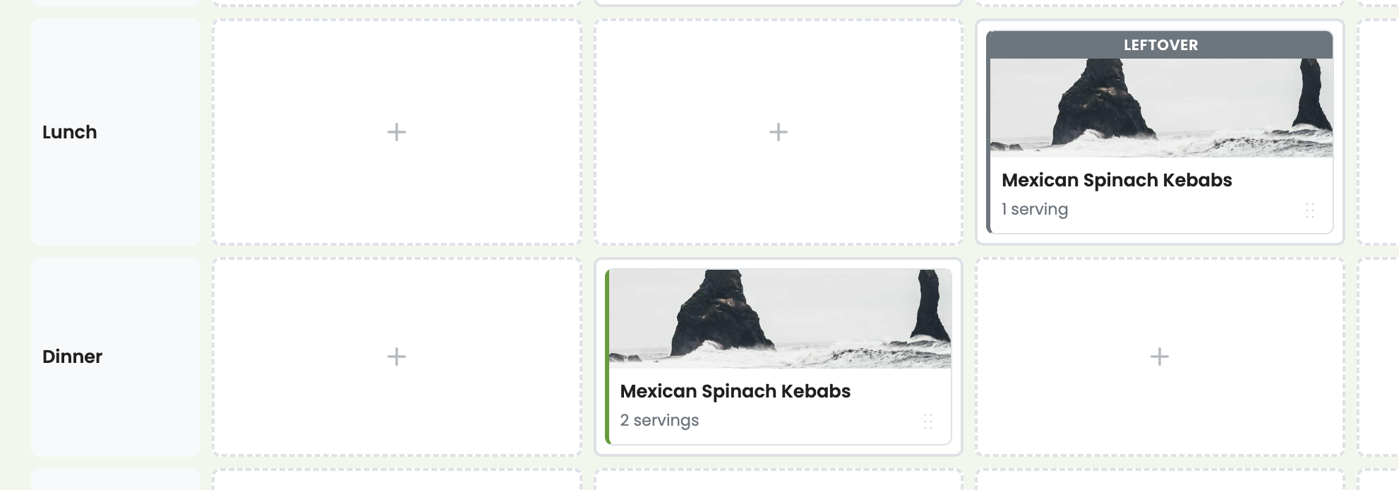 Meal plan with batch cooking sources and leftover entries across multiple days