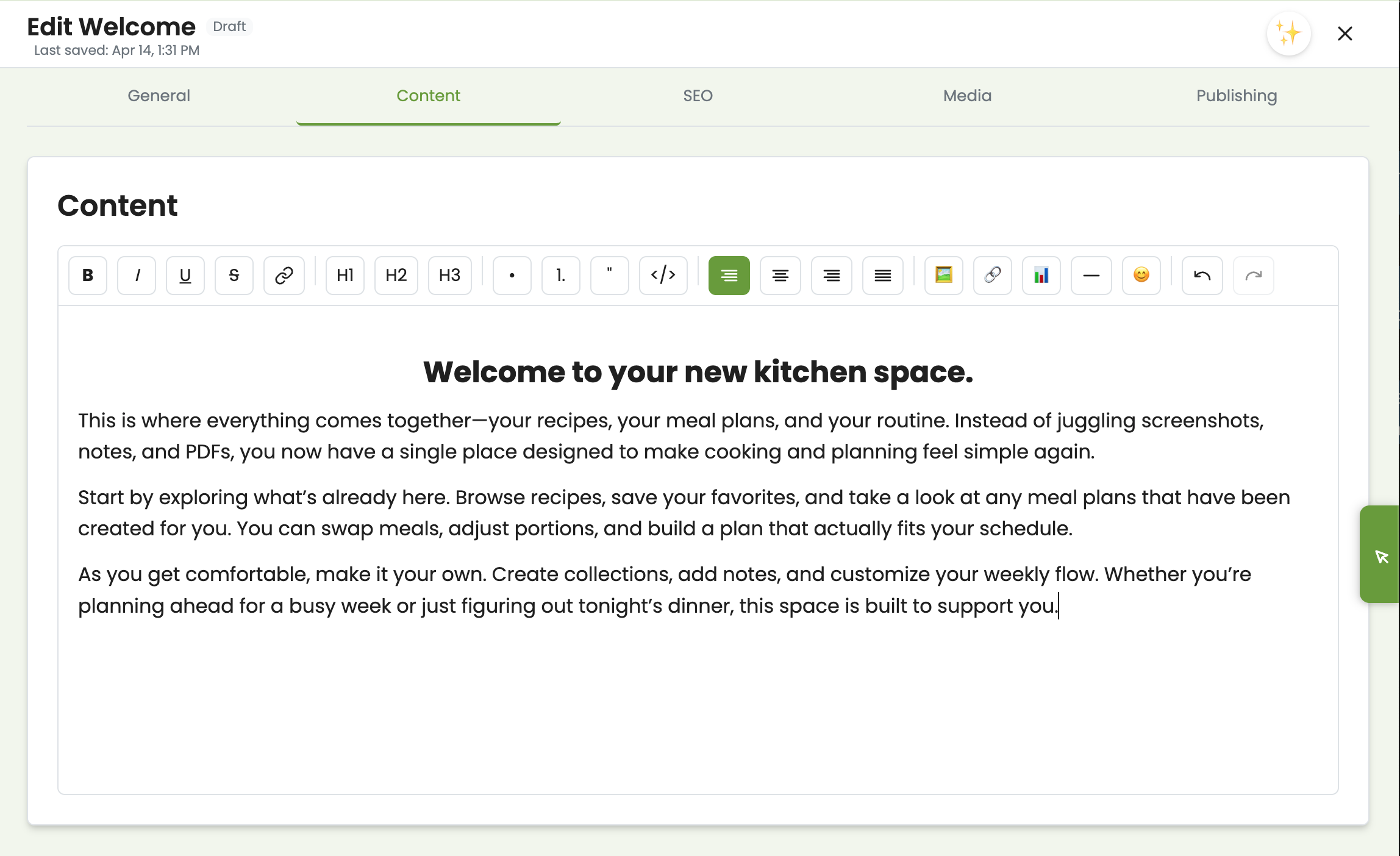 Blog editor with rich text formatting and publish controls