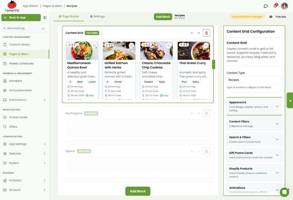 Page builder with drag-and-drop content grid, block configuration, and live preview