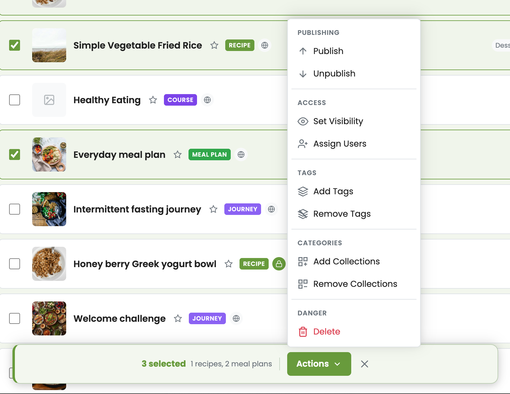Bulk editing interface for imported recipes