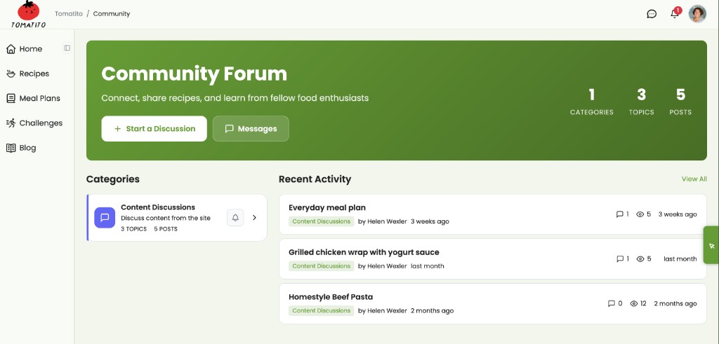 Community forum showing discussion threads and categories