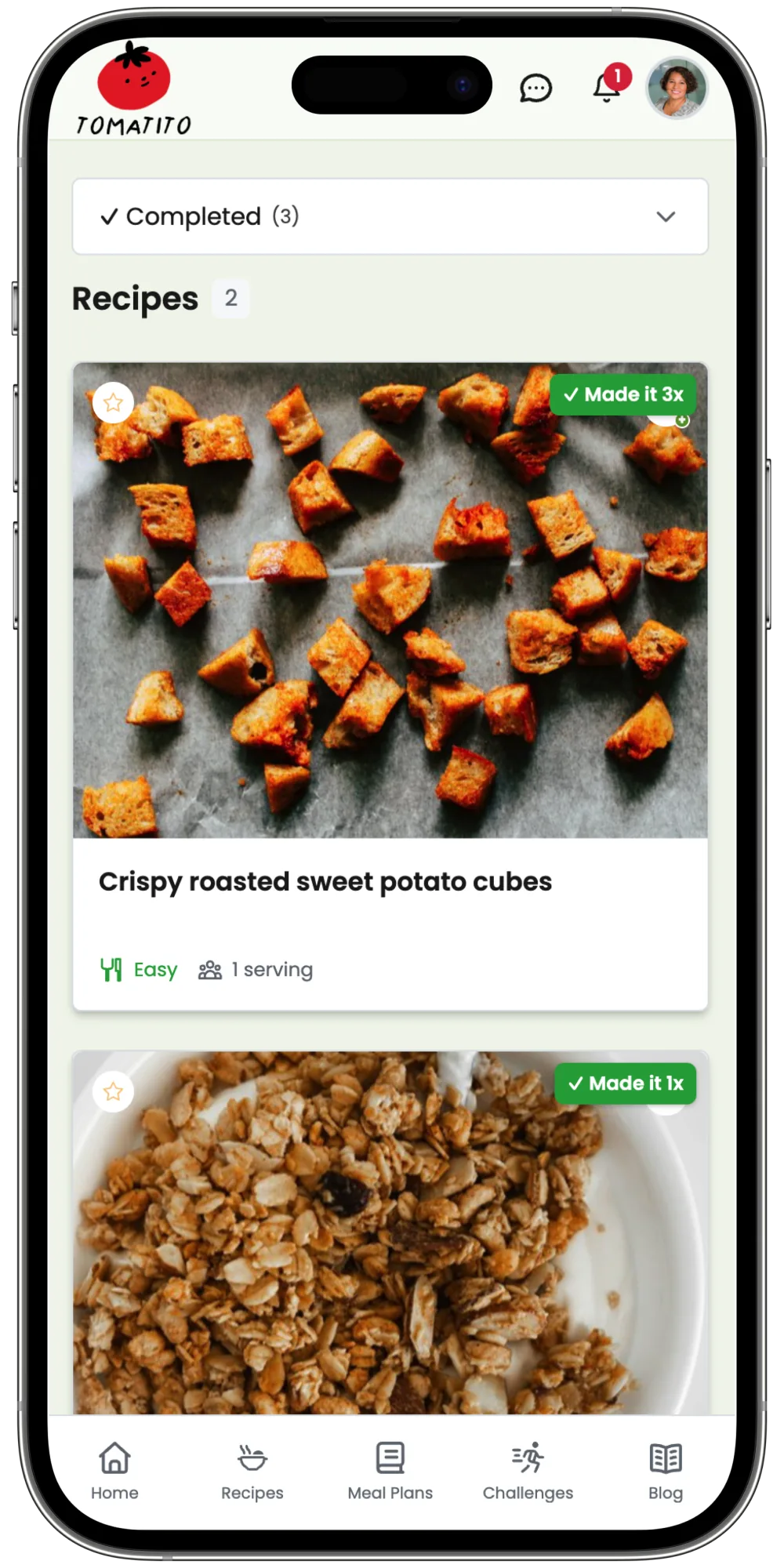 Mobile app showing completed recipes with Made it 3x and Made it 1x badges