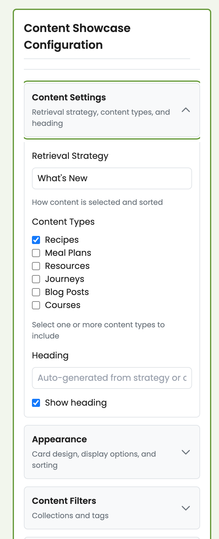 Content showcase configuration showing retrieval strategy, content type selection, heading, and appearance options
