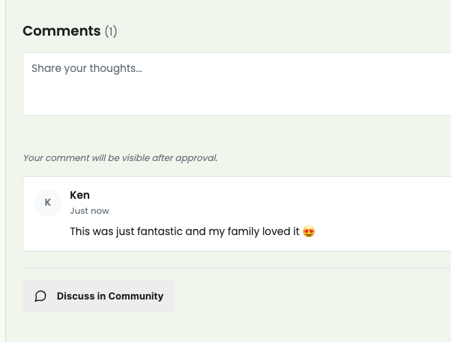 Comments section with member feedback, moderation approval notice, and Discuss in Community link
