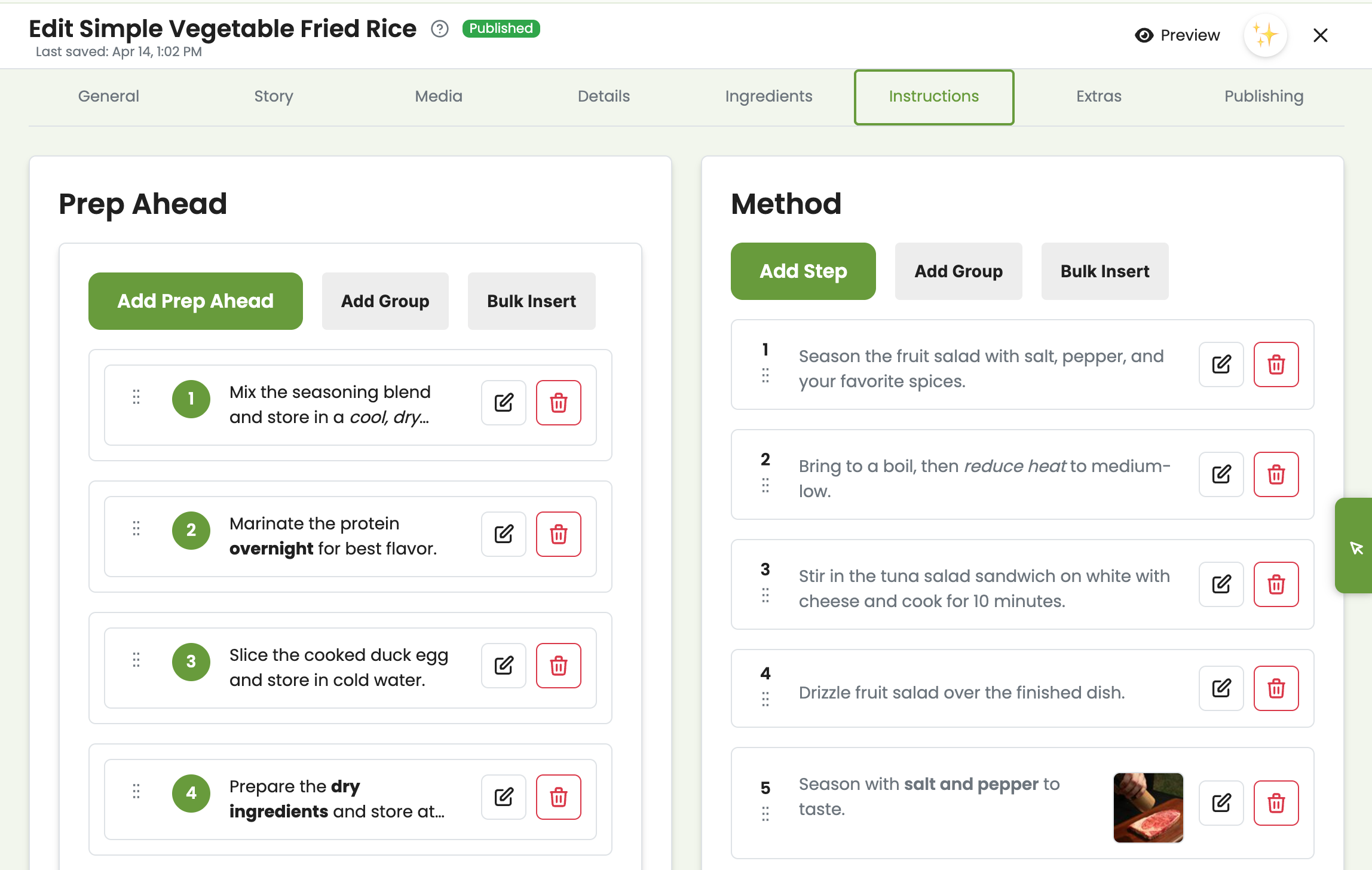 Content editor showing imported recipe with structured data