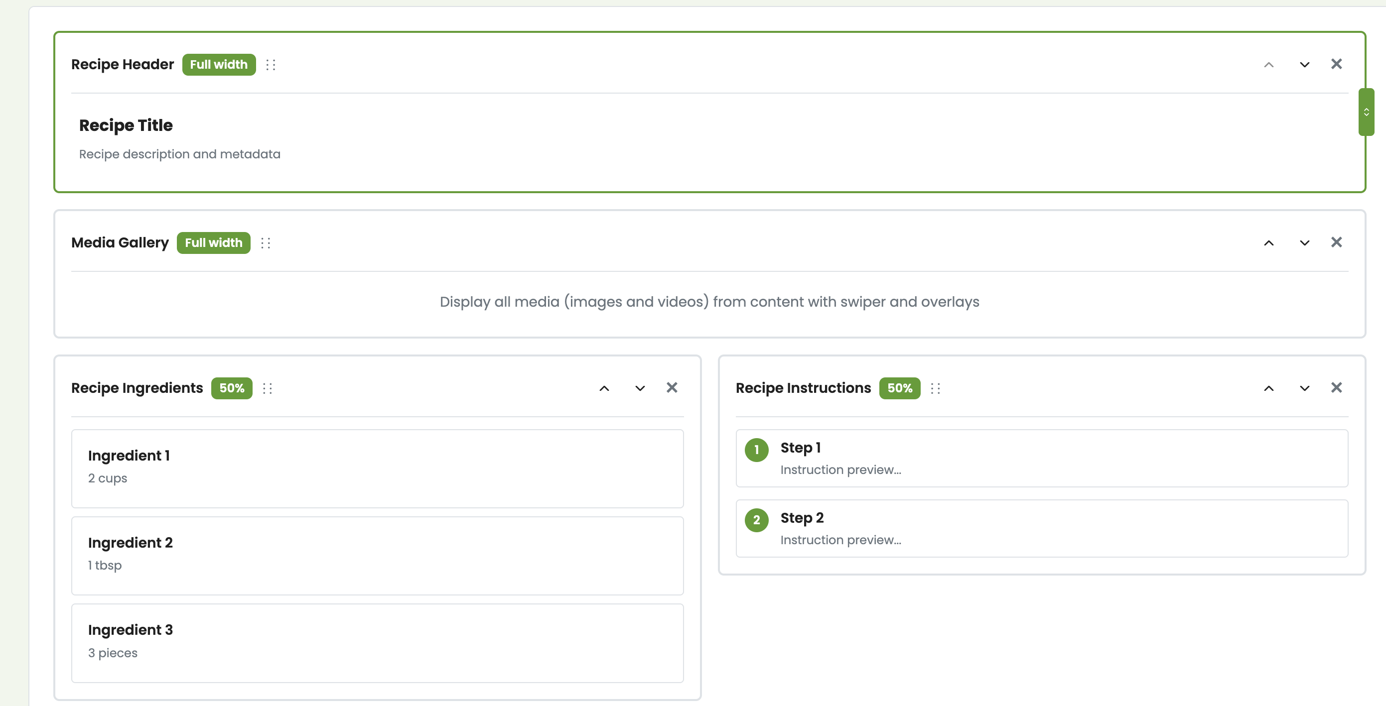 Recipe detail layout builder with draggable blocks for header, media gallery, ingredients, and instructions