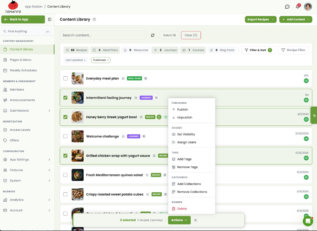 Content library showing organized recipe collection