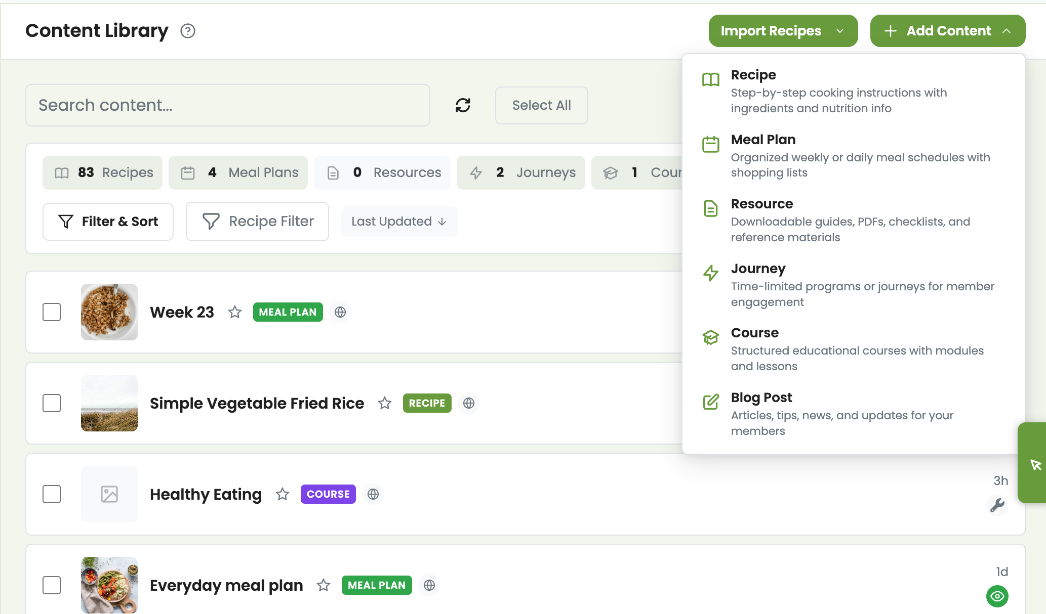 Content library showing recipes, meal plans, journeys, courses, and blog posts