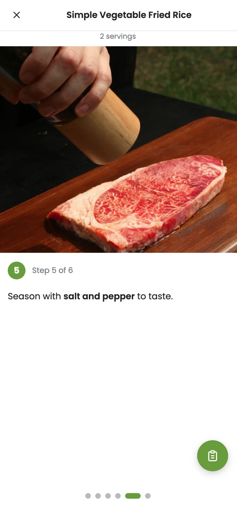 Full-screen cooking mode with step-by-step instructions and navigation controls