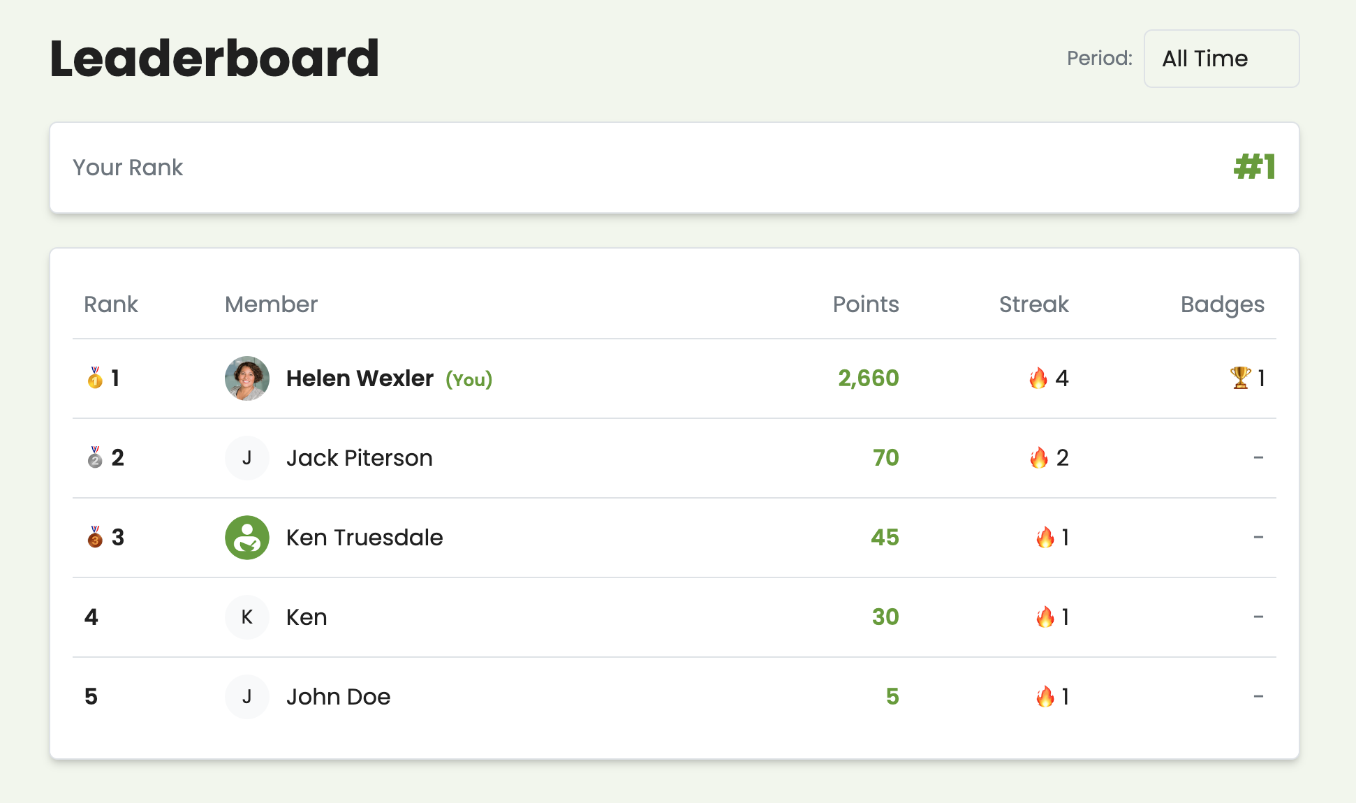 Gamification settings showing points, badges, and leaderboard