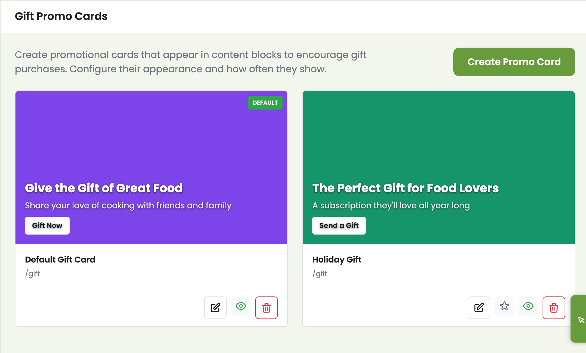 Gift promo cards manager showing customizable promotional cards with Gift Now and Send a Gift calls to action
