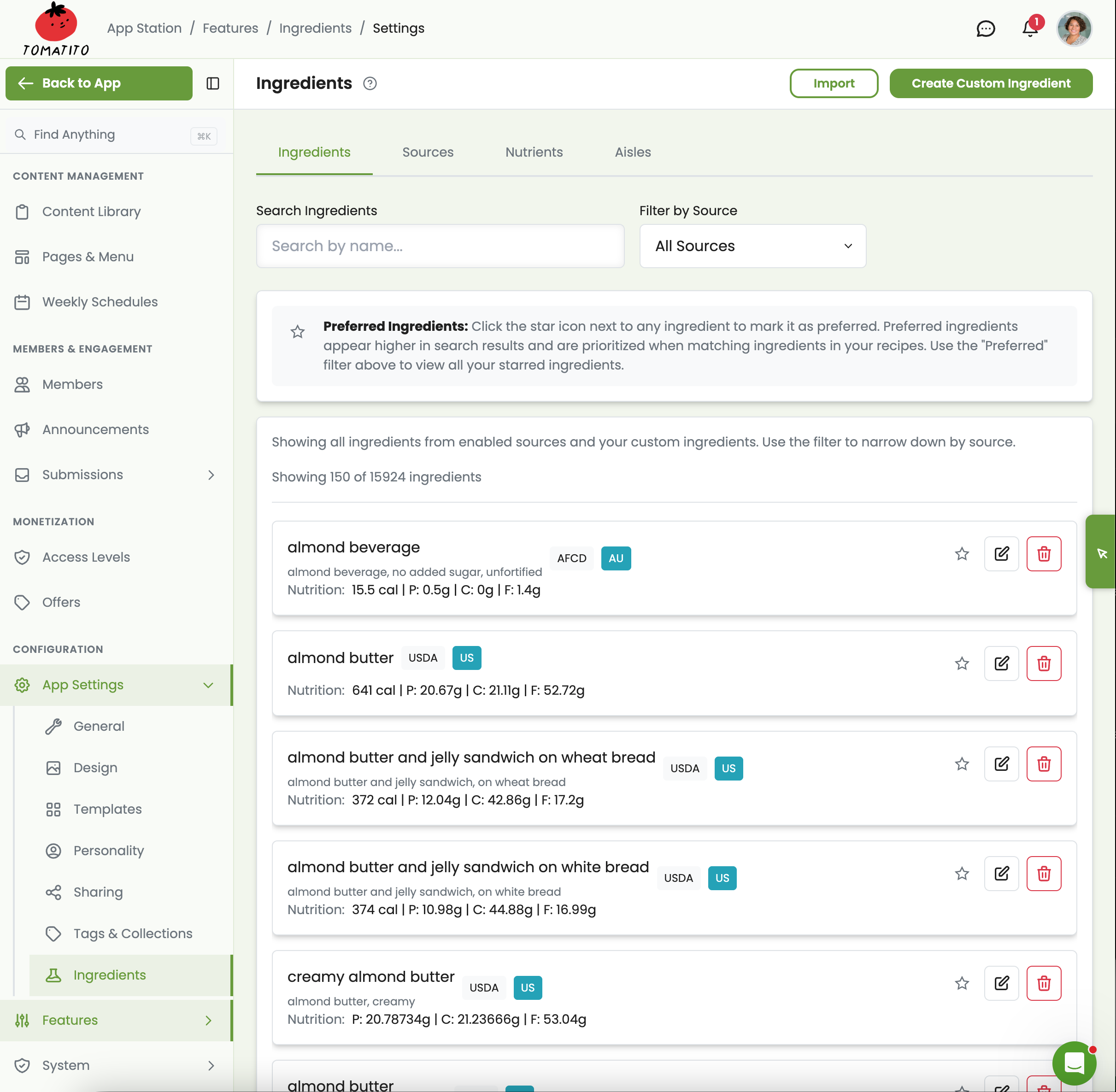 Ingredient editor with nutrition data, aisle mappings, and allergen tracking