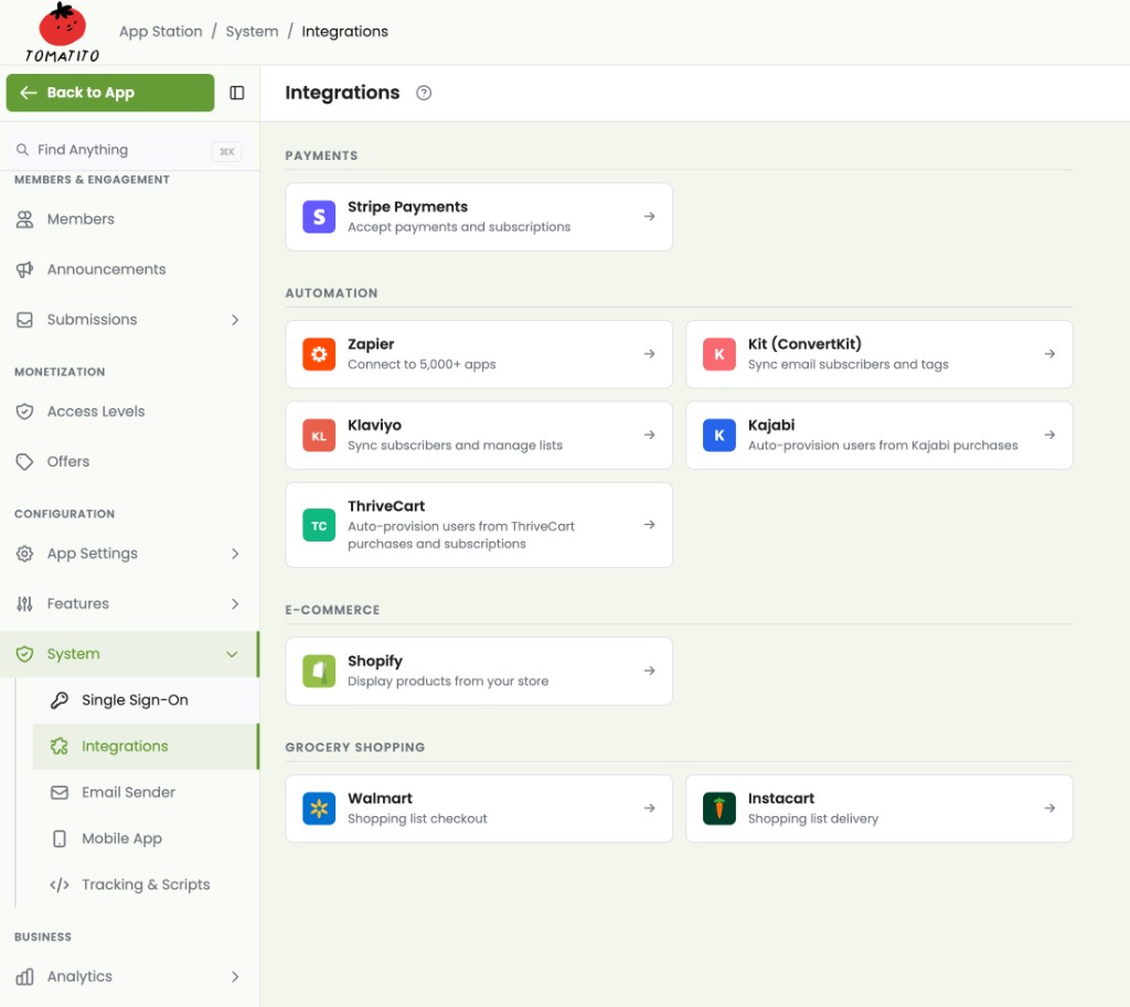 Integrations hub showing connected services