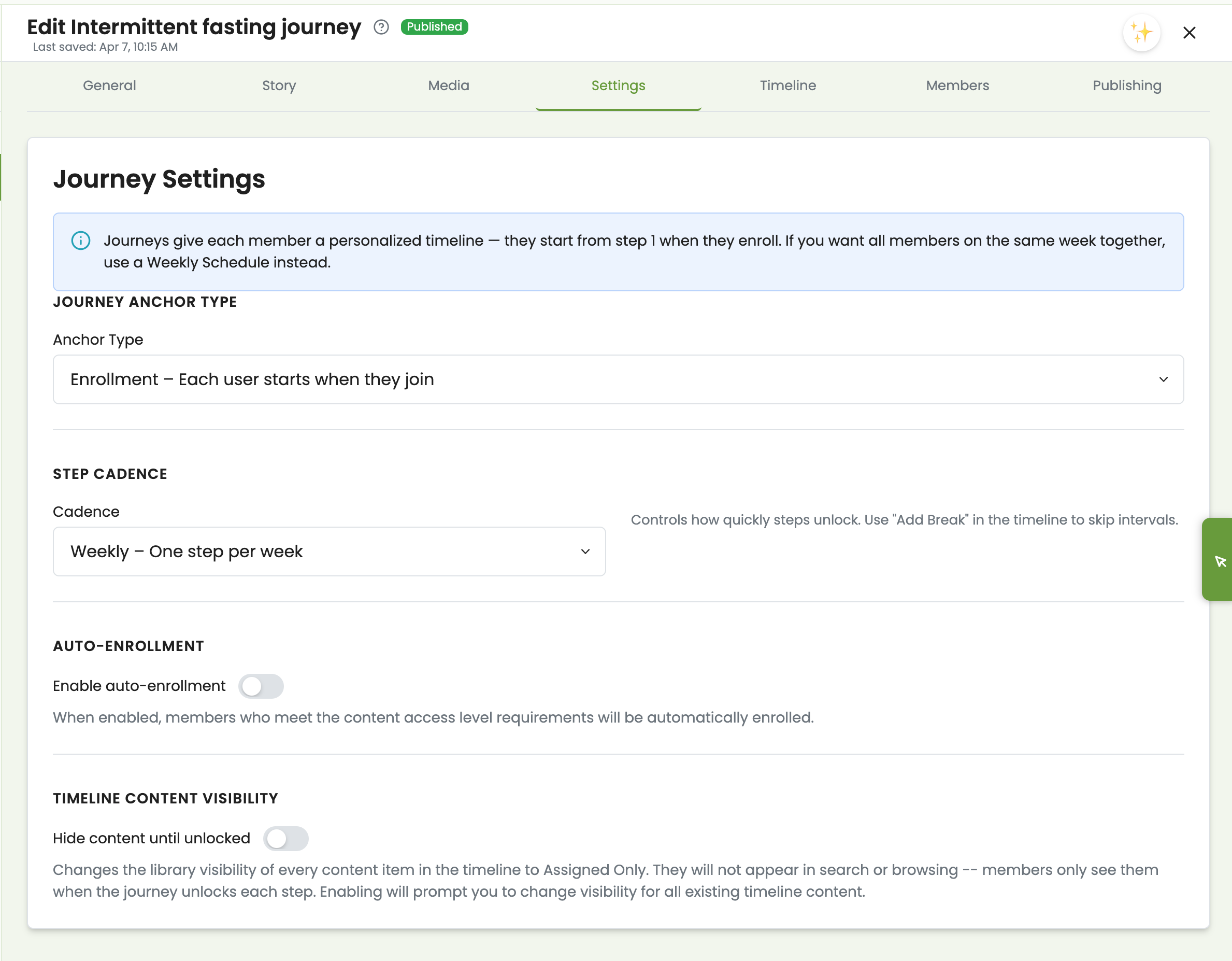 Journey editor showing timeline with steps and linked content