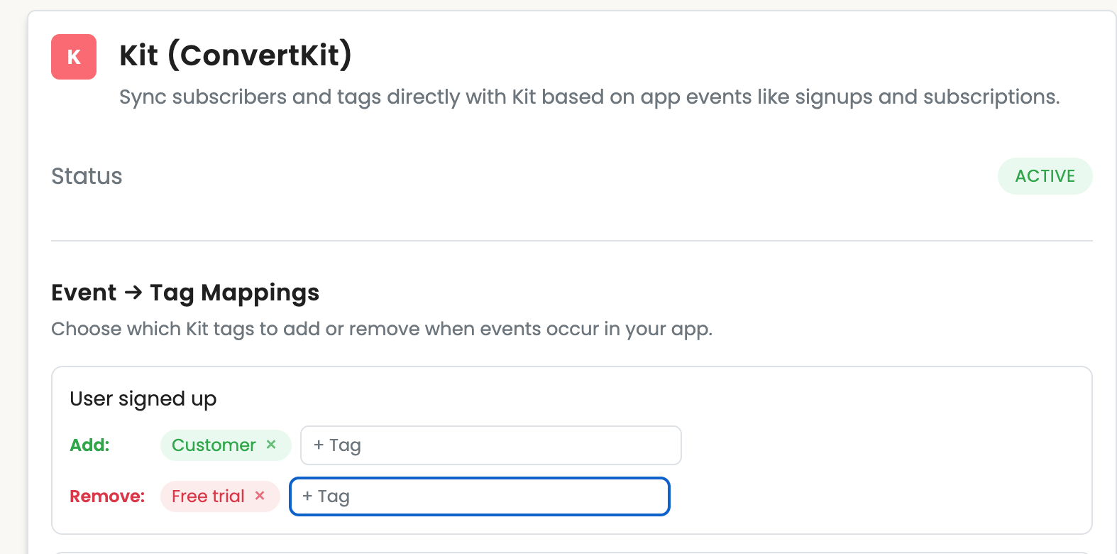 Kit integration configuration showing tag sync setup