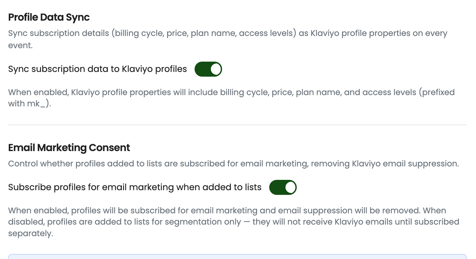 Klaviyo integration showing profile data sync with subscription properties and email marketing consent toggle