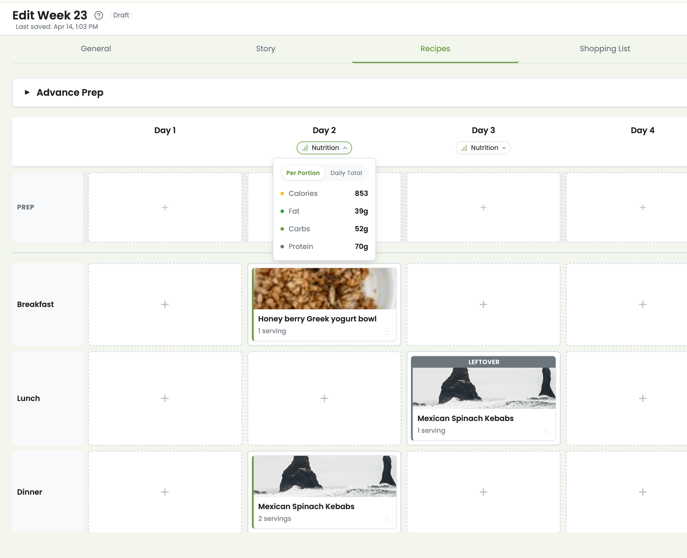 Weekly meal plan grid with recipes and daily nutrition summaries