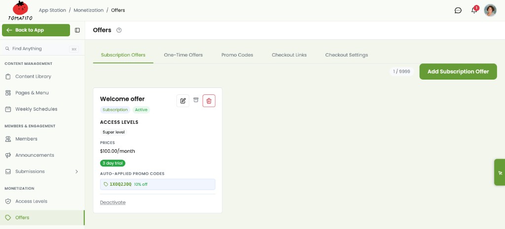Offers dashboard with subscription pricing, access levels, trials, and promo codes