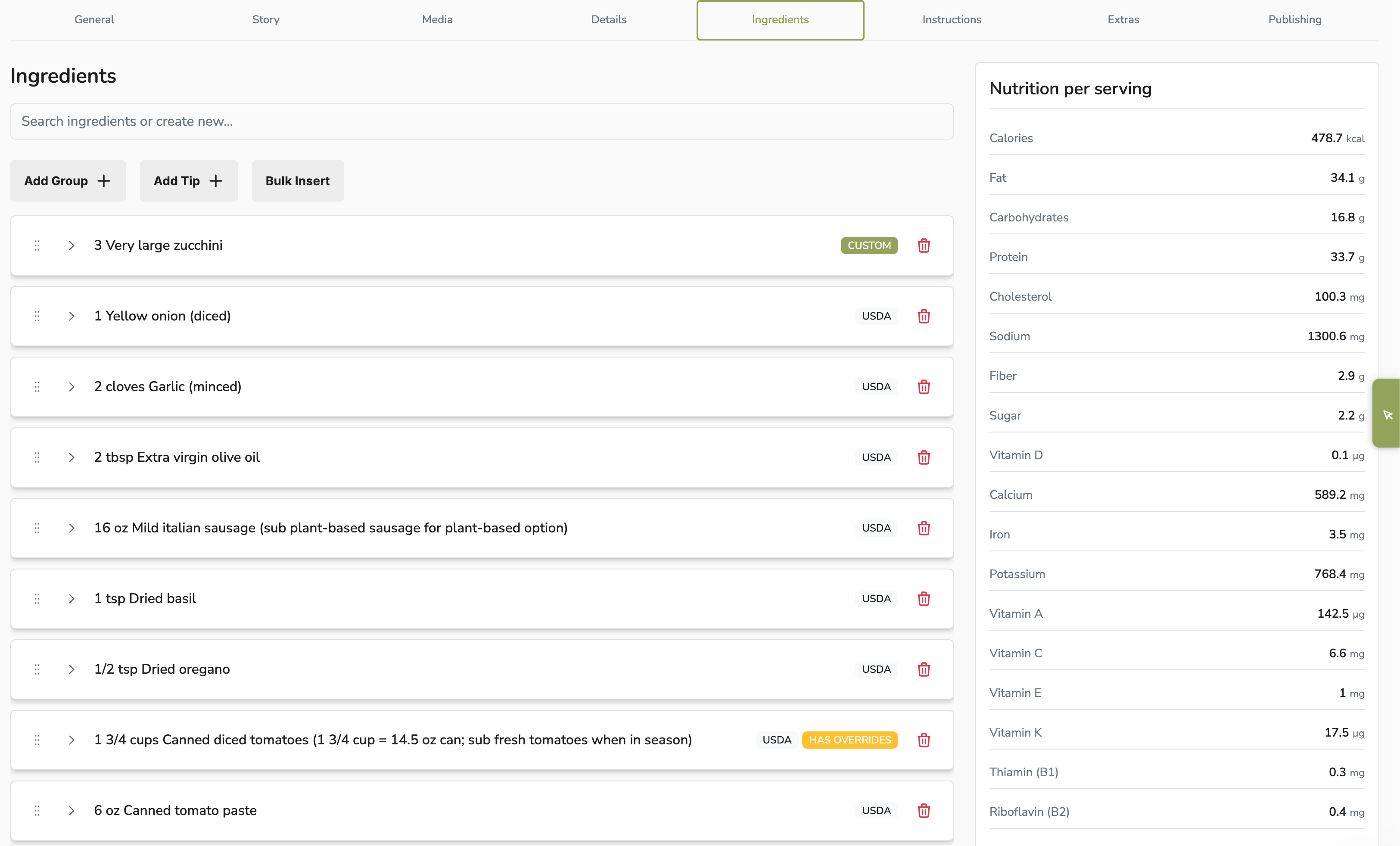 Nutrition tracking panel with per-serving macro and micronutrient values
