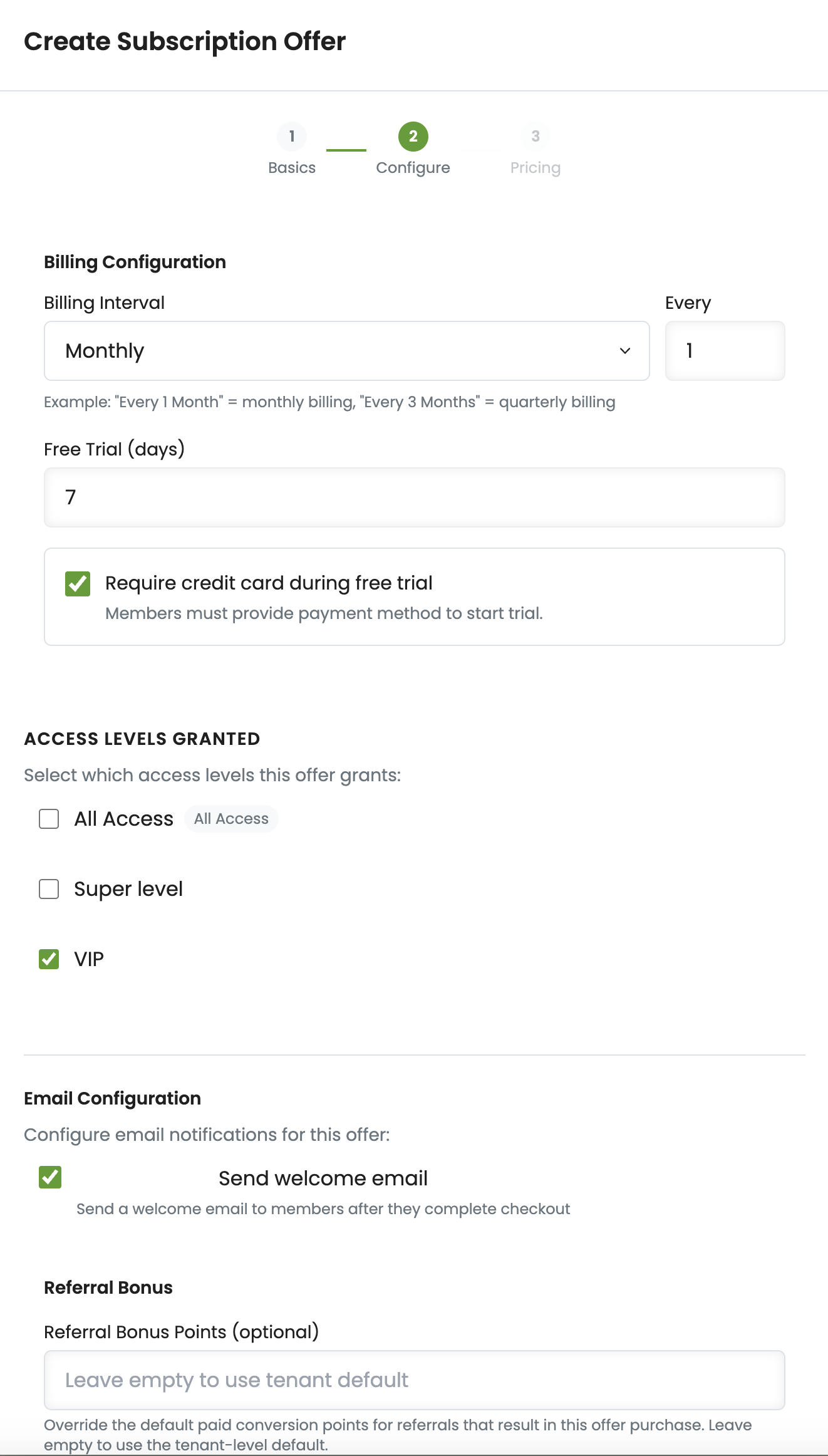 Subscription offer configuration showing billing interval, free trial, access levels, and email settings