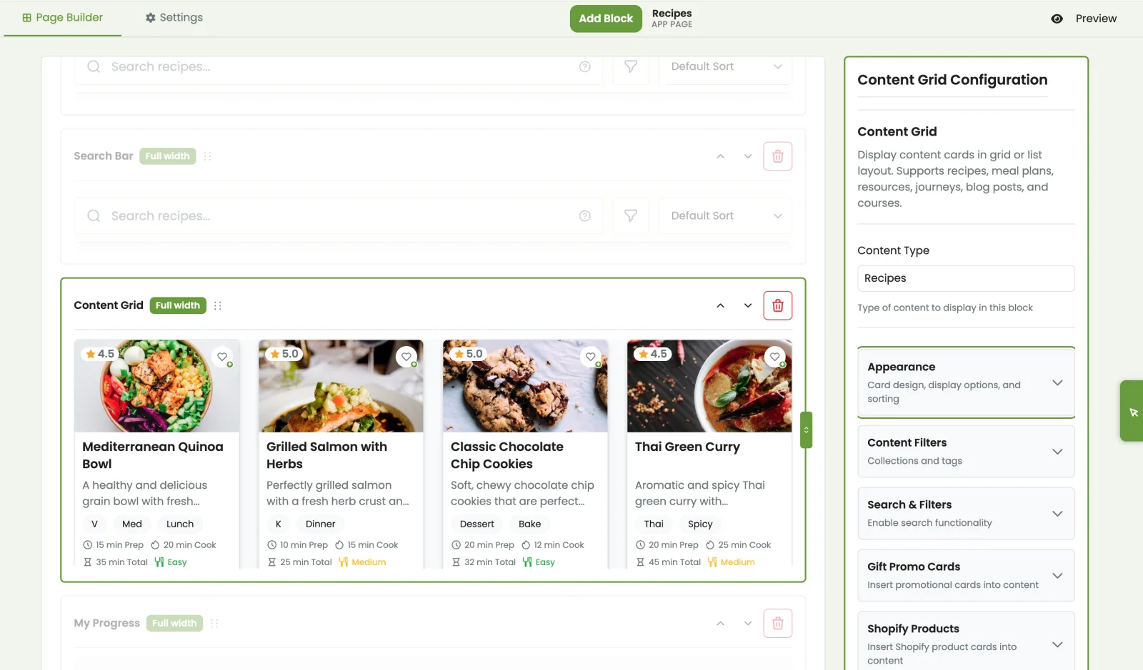 Page builder with content grid block showing recipe cards and configuration panel