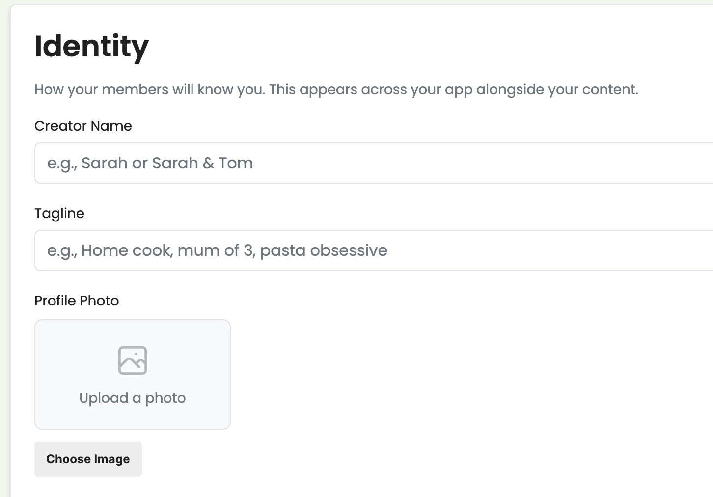 Identity settings with creator name, tagline, and profile photo upload