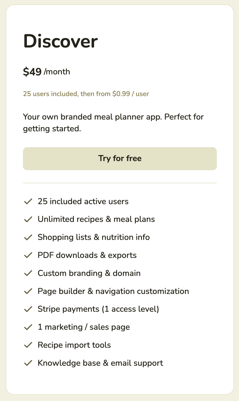Discover plan details showing $49 per month pricing and included features