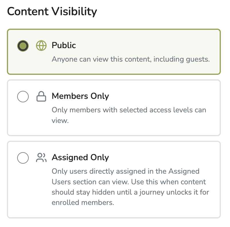 Content visibility settings showing guest, free account, and paid member access