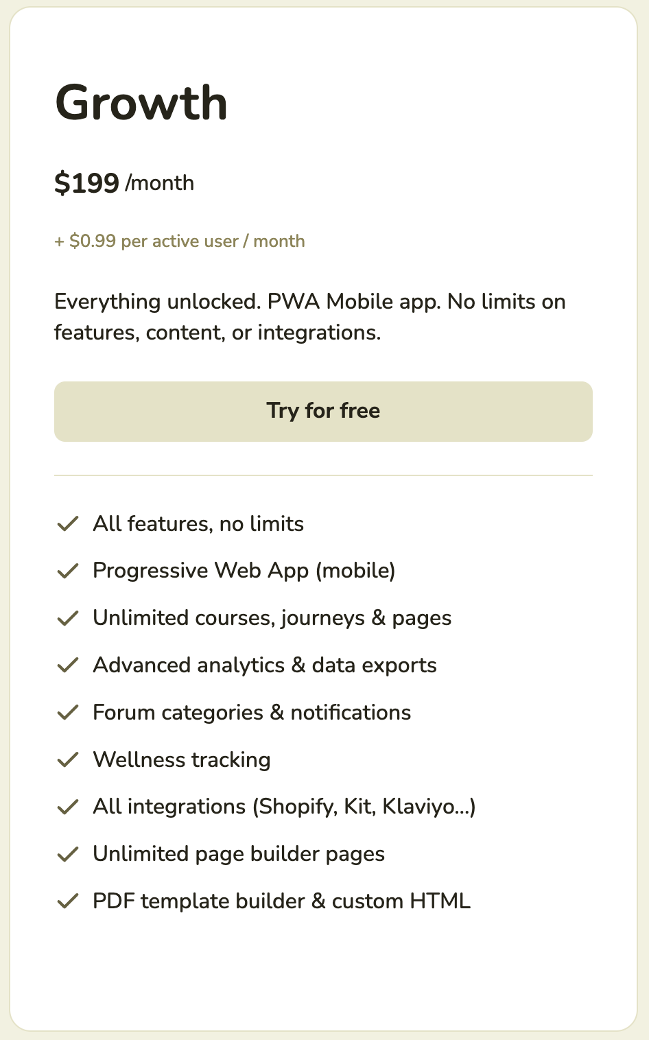 Growth plan details showing $199 per month pricing and included features