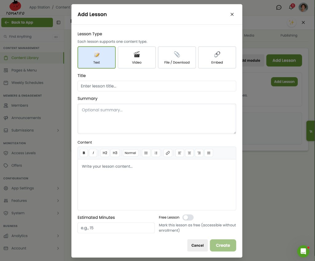 Add Lesson dialog with text, video, file, and embed content types