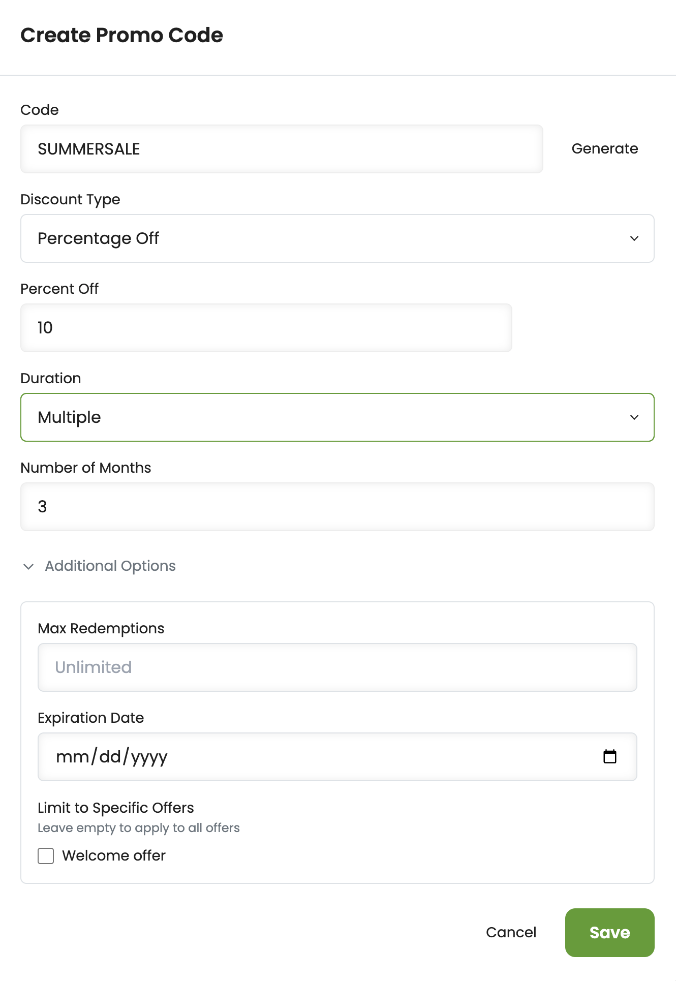 Create promo code form with discount type, percentage, duration, max redemptions, and offer targeting