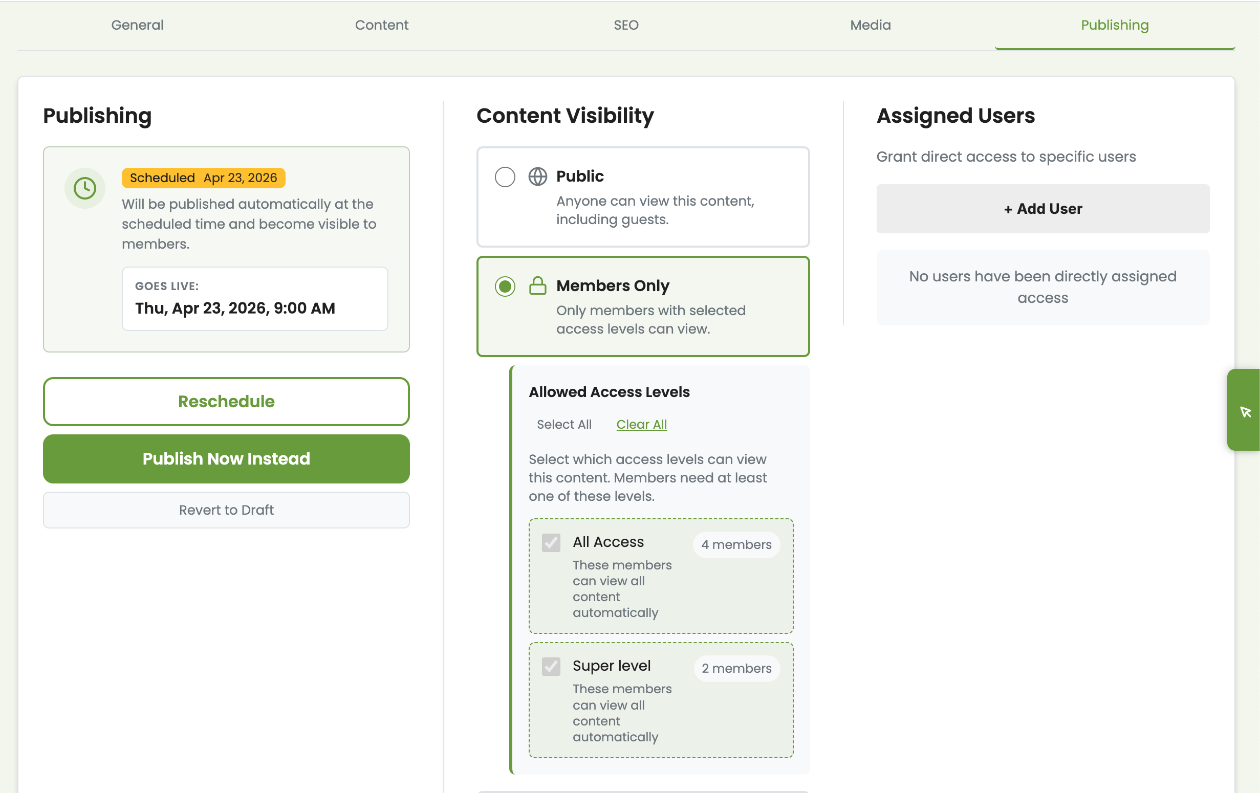 Publishing controls showing instant content visibility settings