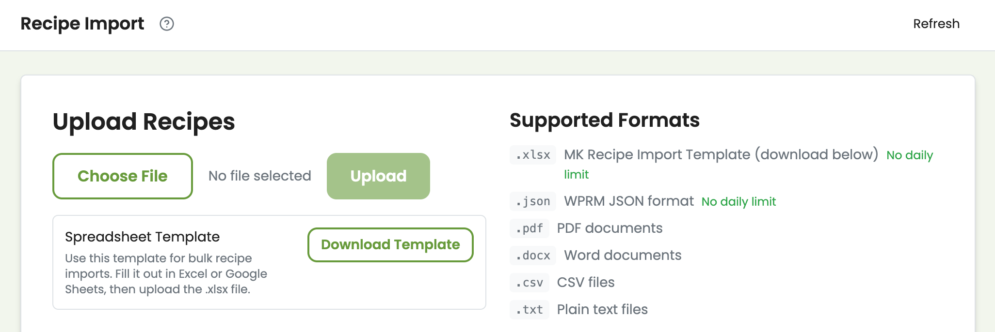 Recipe import interface showing file upload and AI extraction