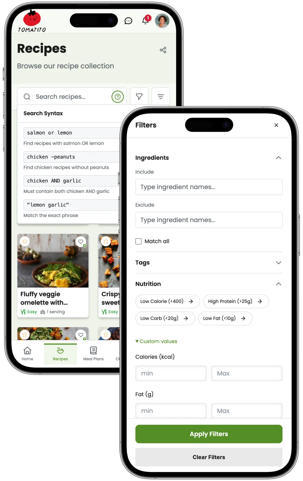 Mobile recipe search with boolean syntax, ingredient include/exclude filters, nutrition range filters, and recipe cards