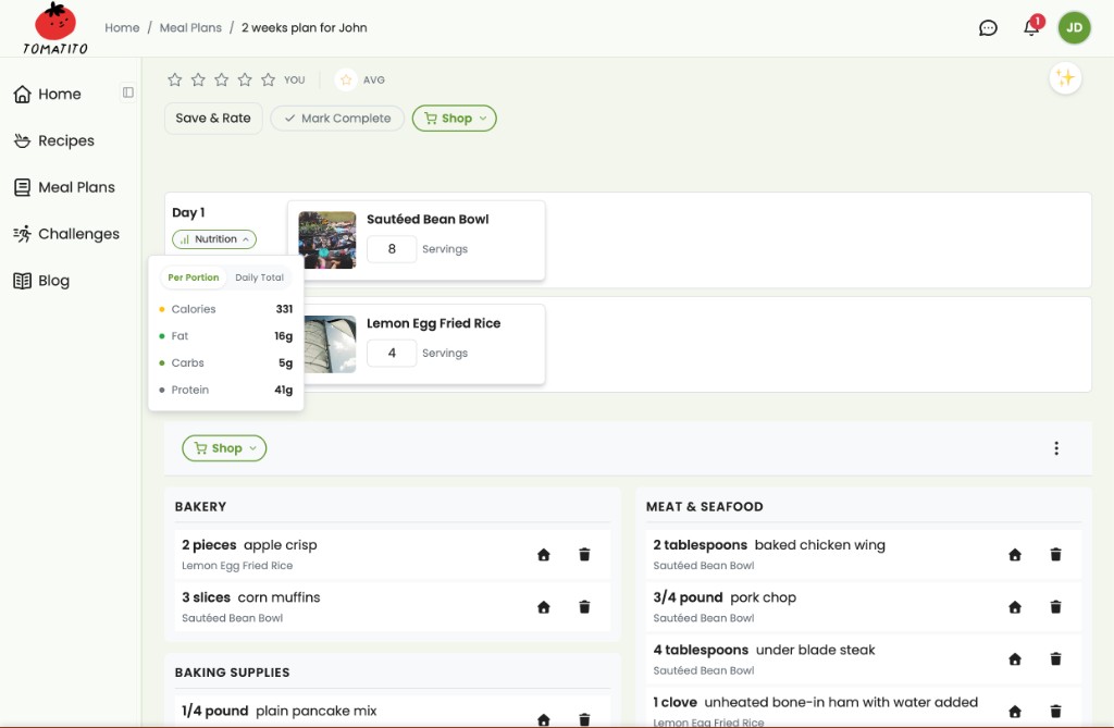 Meal plan with nutrition breakdown and shopping list organized by aisle