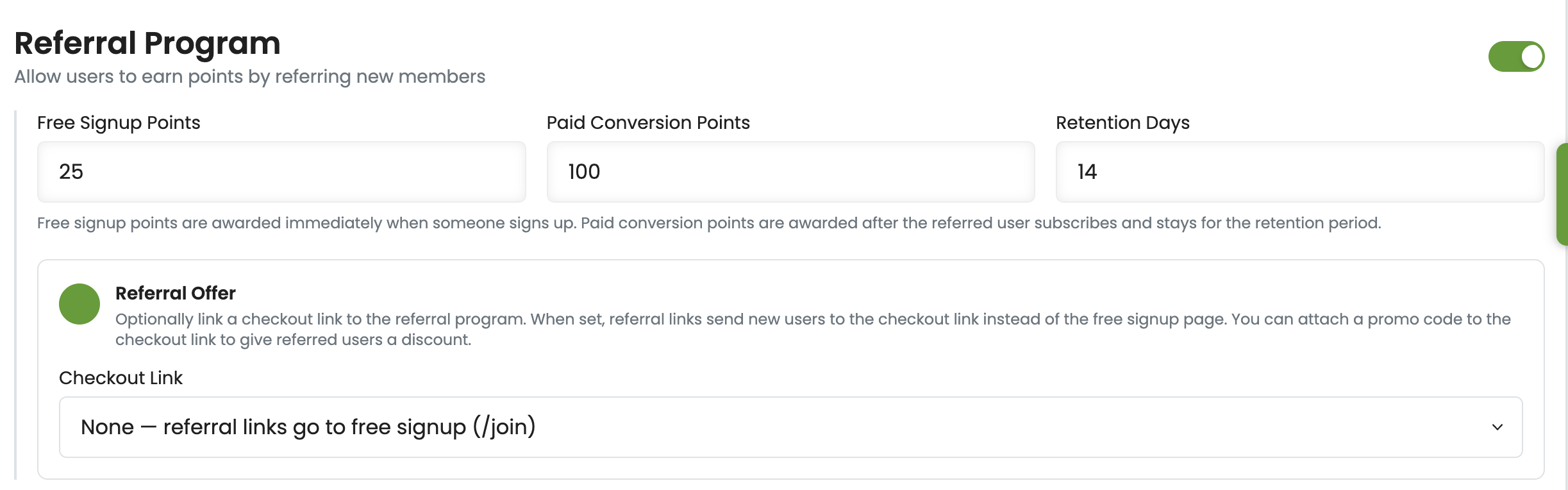 Referral program settings with signup points, paid conversion points, retention days, and checkout link configuration