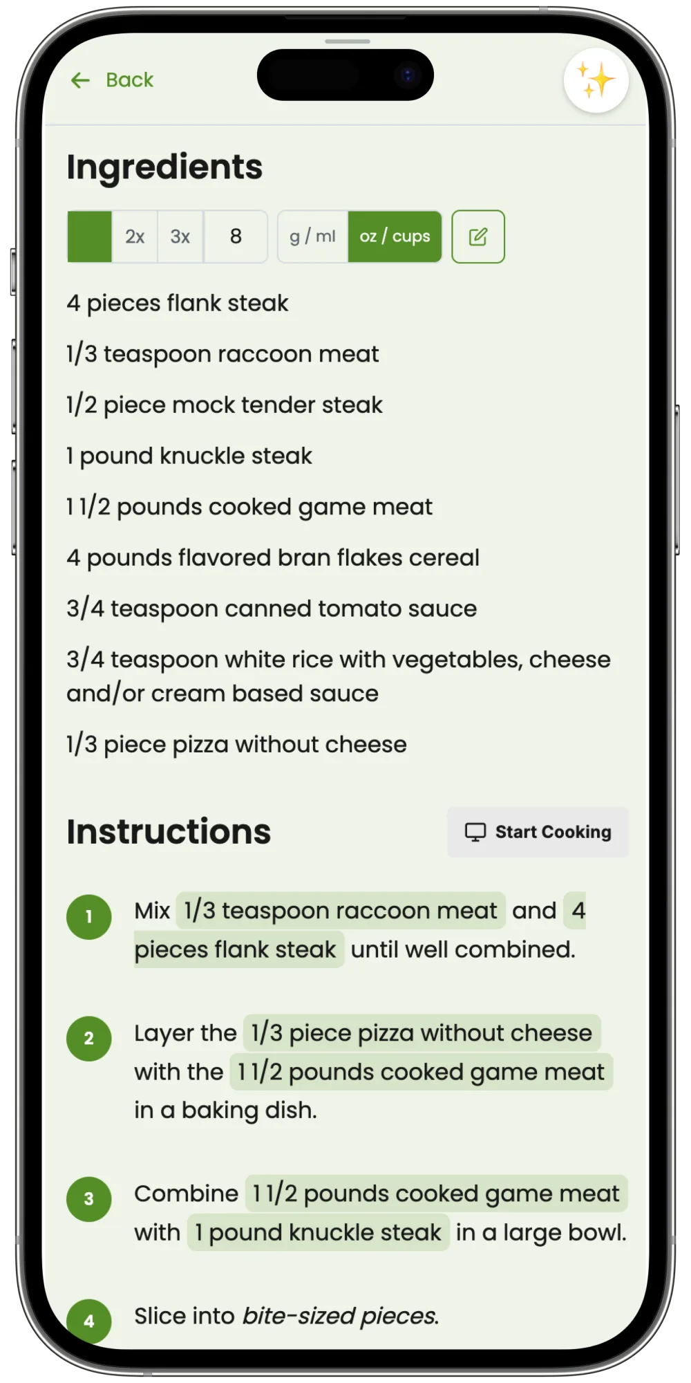 Recipe ingredient list with serving scaling controls