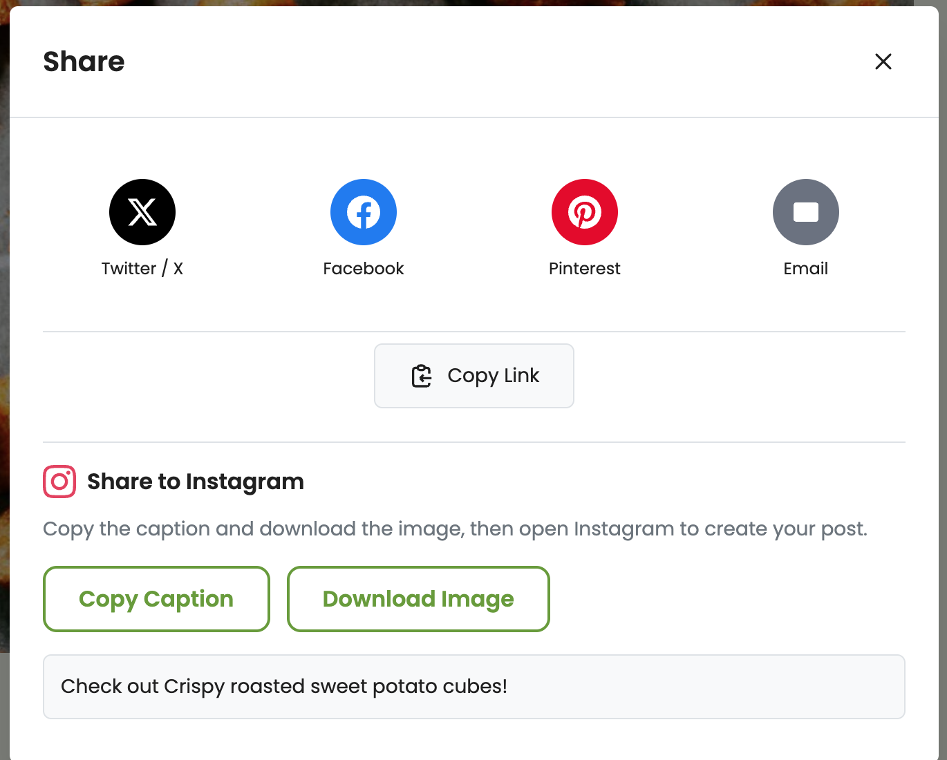 Share modal with Twitter, Facebook, Pinterest, Email buttons, copy link, and Instagram caption and image download workflow