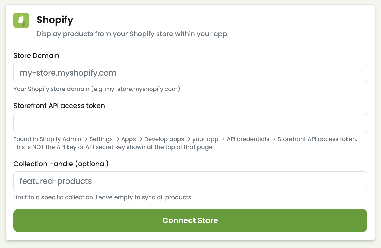 Shopify integration setup with store domain, Storefront API access token, collection handle filter, and Connect Store button