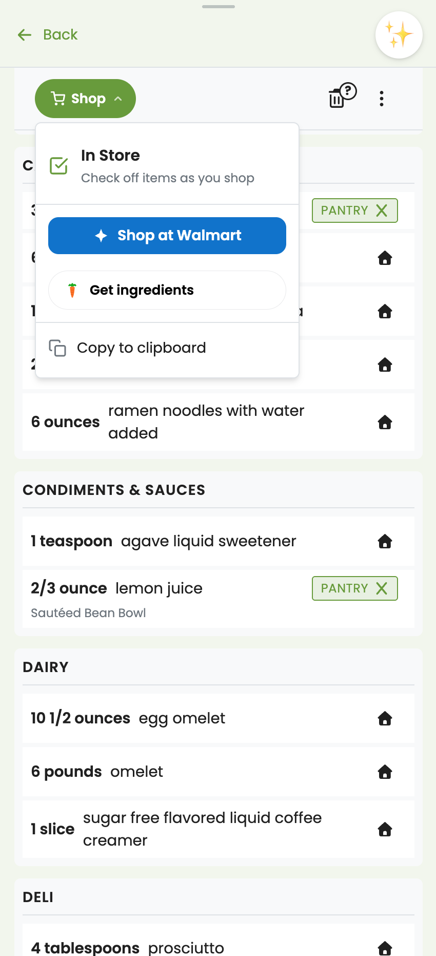 Aisle-organized shopping list with pantry exclusions and recipe labels