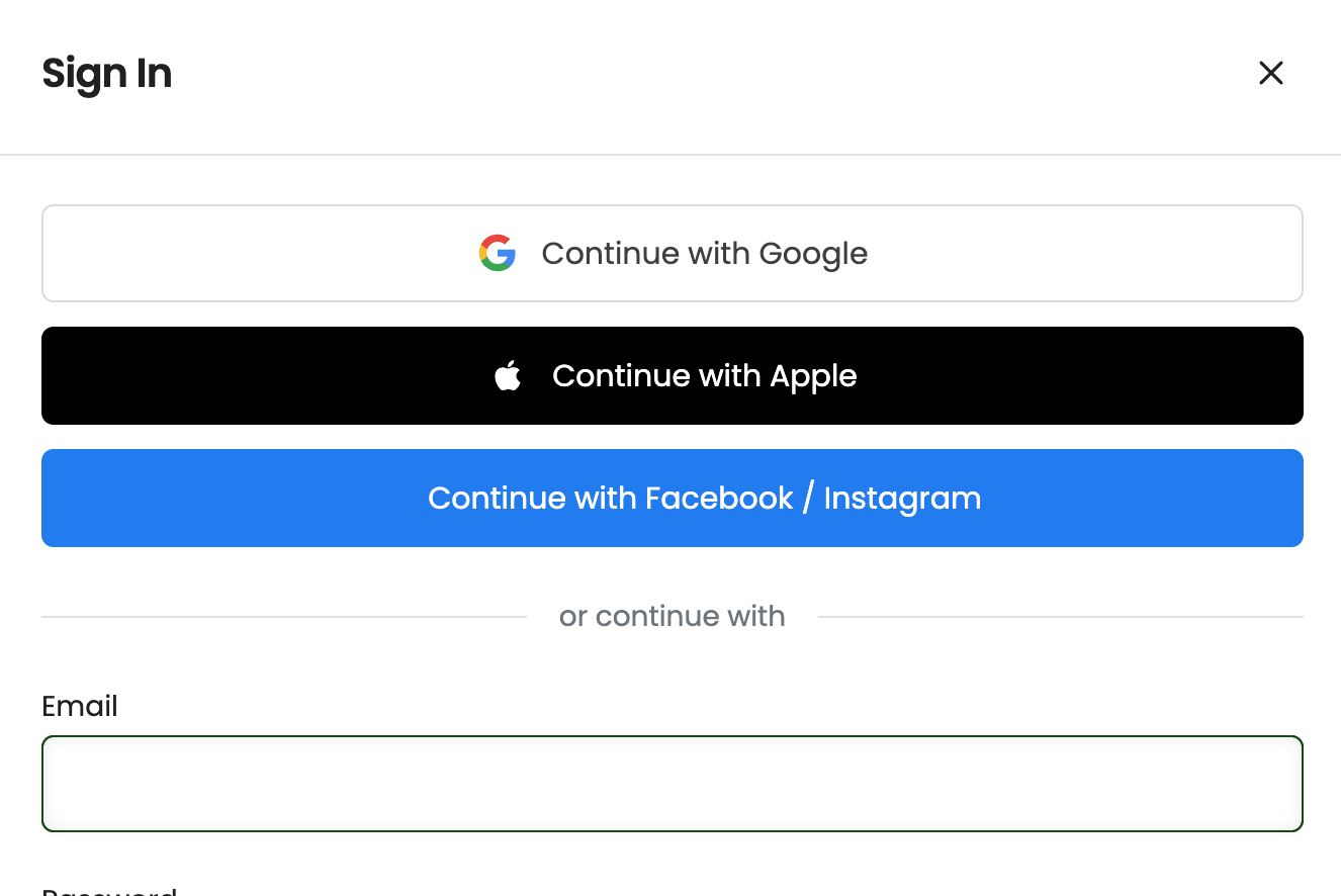 Sign in page with Continue with Google, Continue with Apple, Continue with Facebook/Instagram buttons, and email login