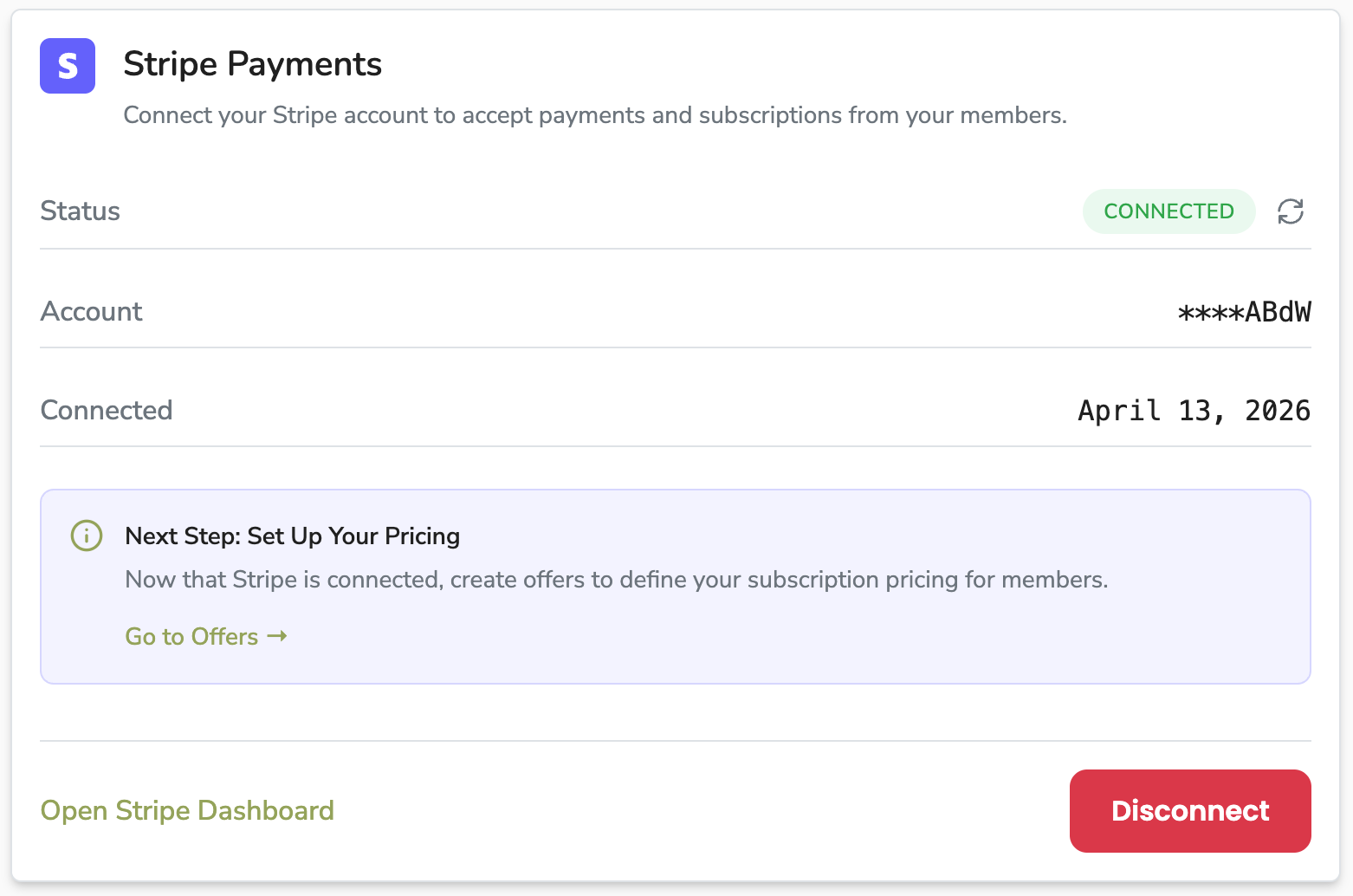 Stripe Payments integration showing connected status, account details, and next step to set up pricing with link to Offers