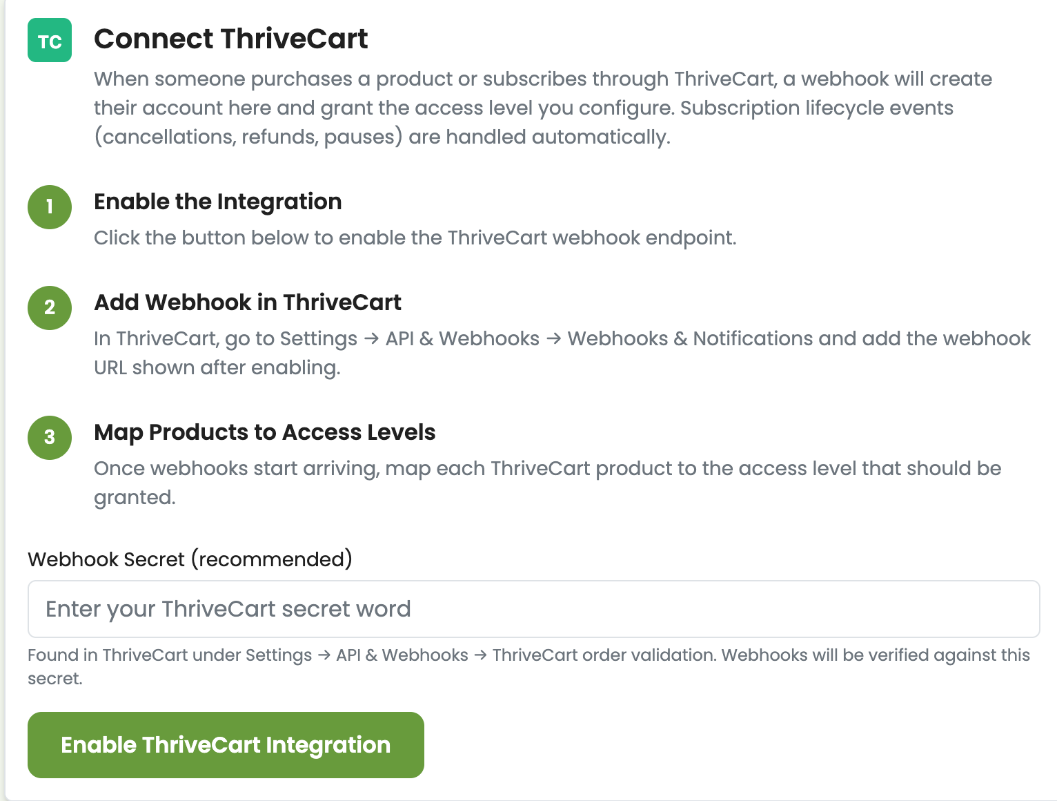 ThriveCart integration setup with 3-step guide, webhook secret input, and Enable ThriveCart Integration button