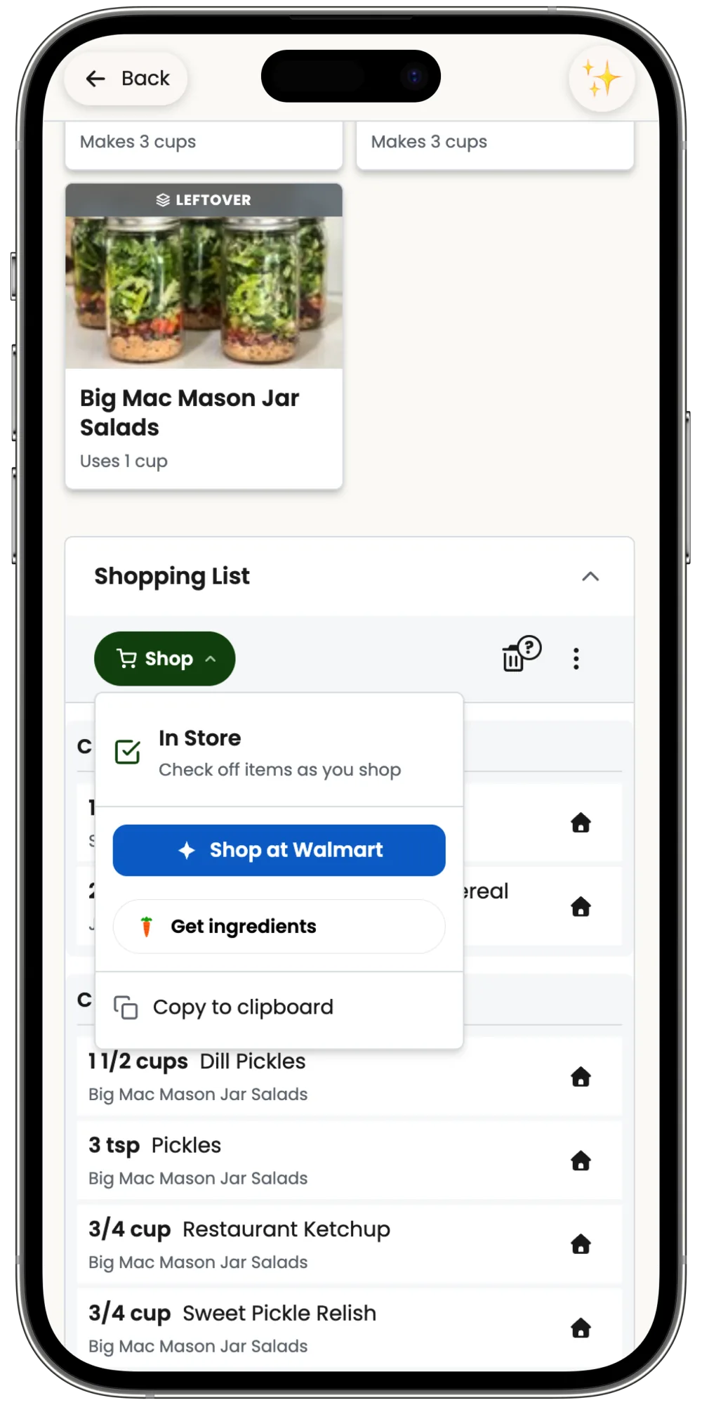 Walmart grocery integration showing shopping list items