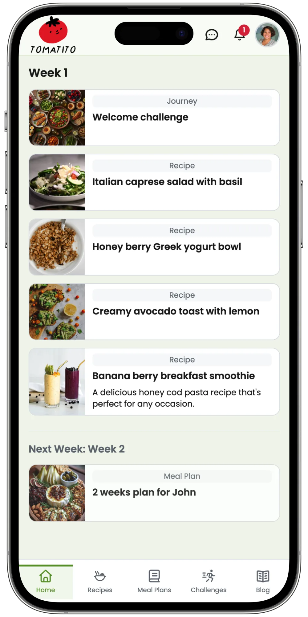 Mobile app showing Week 1 with recipes, journeys, and a Next Week preview