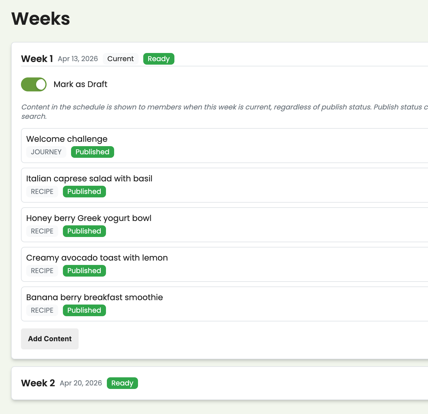 Weekly schedule editor with rotating weeks and content items