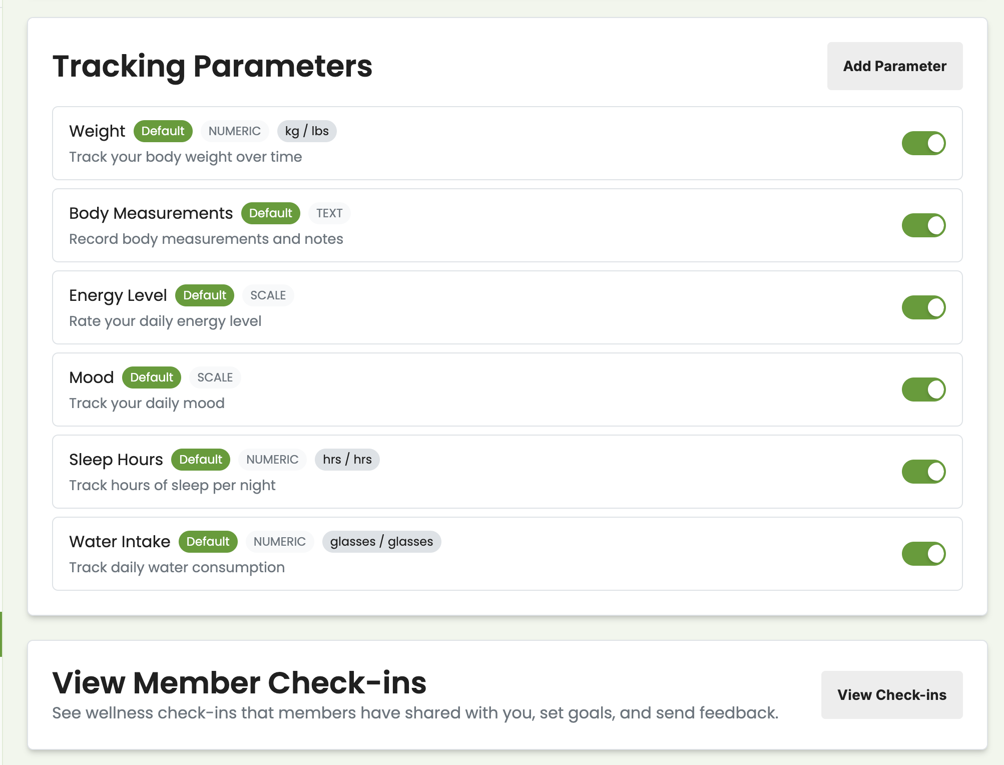 Wellness tracking parameters showing weight, body measurements, energy, mood, sleep, and water intake with toggle controls